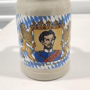 Decorative Bavarian Ceramic Stein with Blue and Gold Crest